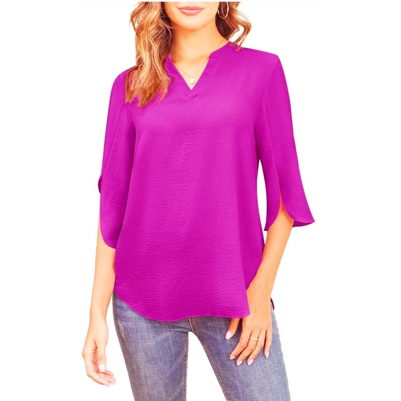 Askyes Tops - ASKYES Fuchsia Pink Chiffon V Neck Blouse 3/4 Flutter Sleeves Tunic Large